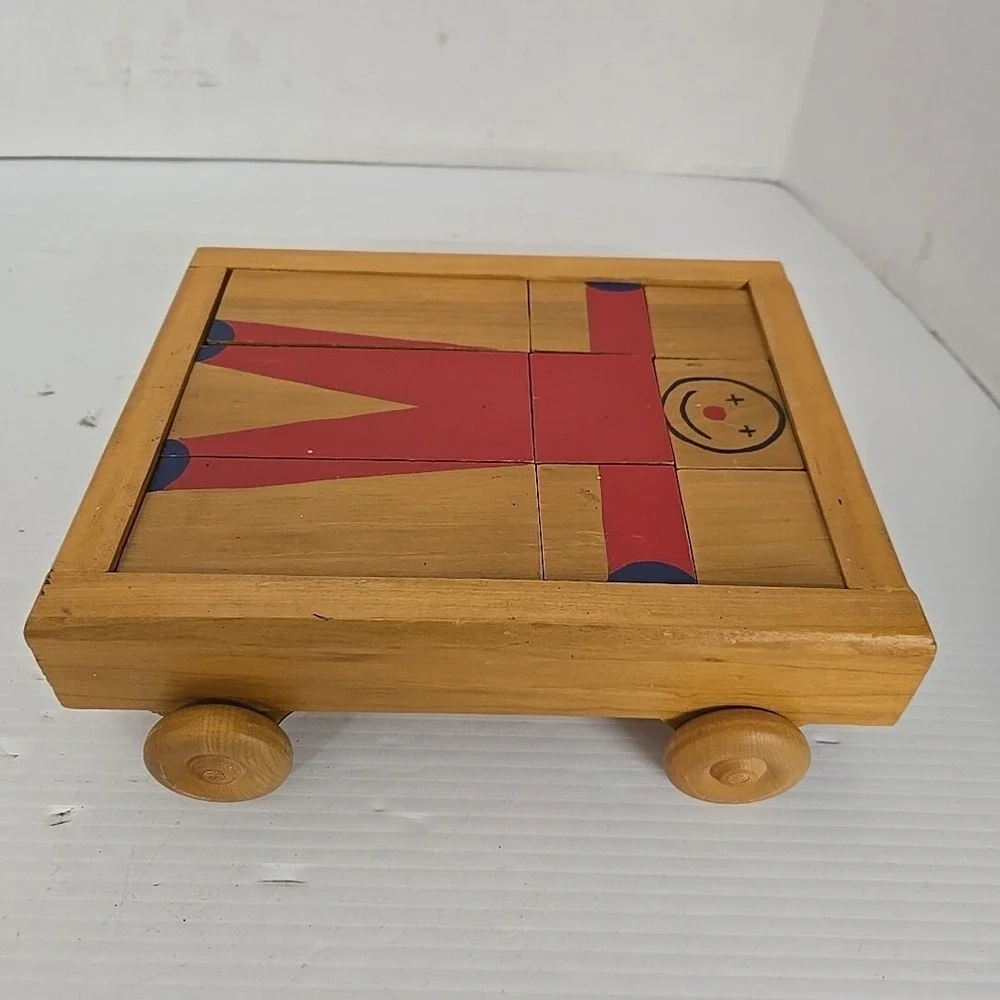 Vintage Wooden Block Puzzle In Wagon‎ Tray